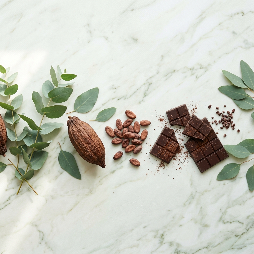 Botanical eucalyptus and cacao pod banner layout