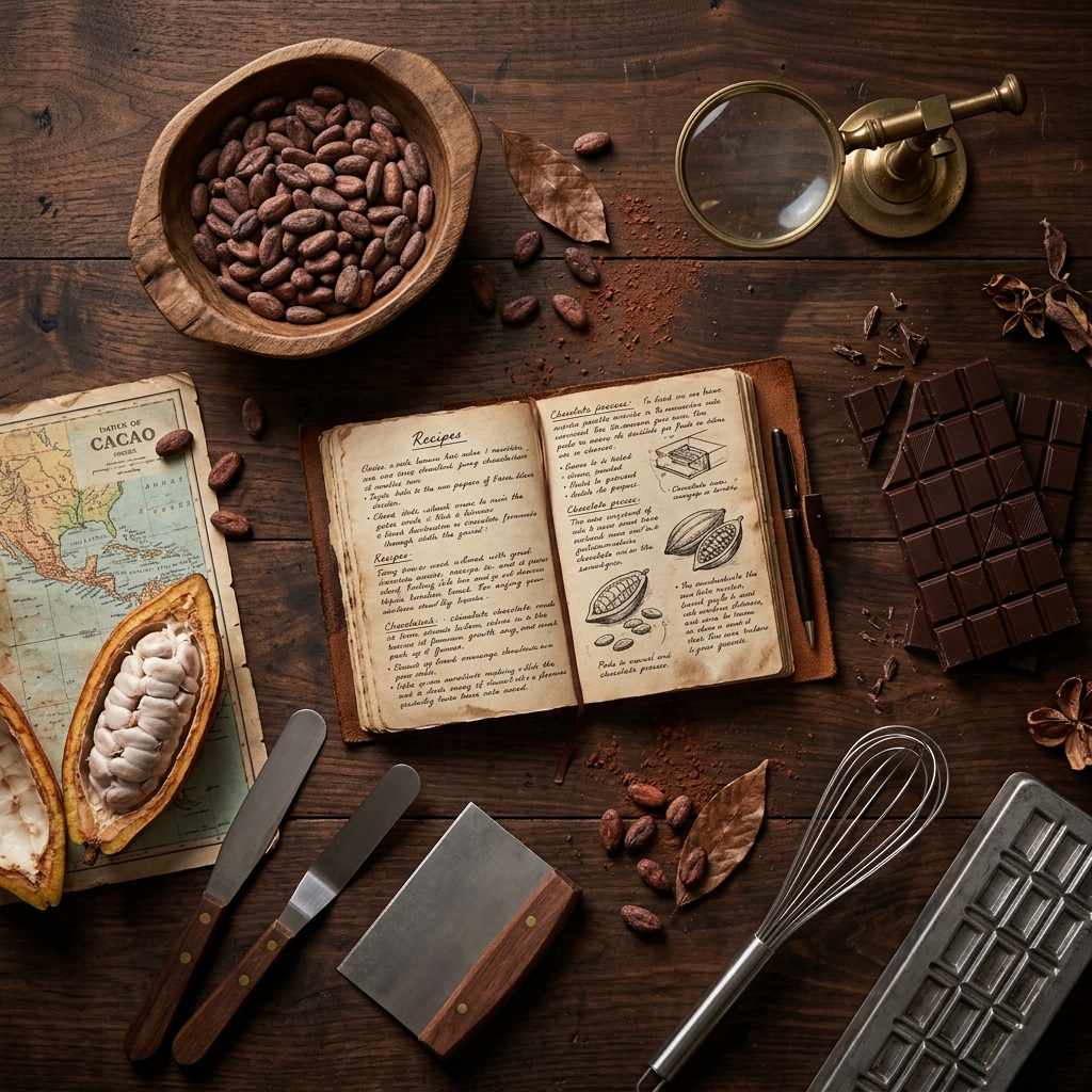 Artisan Chocolate Workbench with cocoa beans, notebook, chocolate bar, and tools