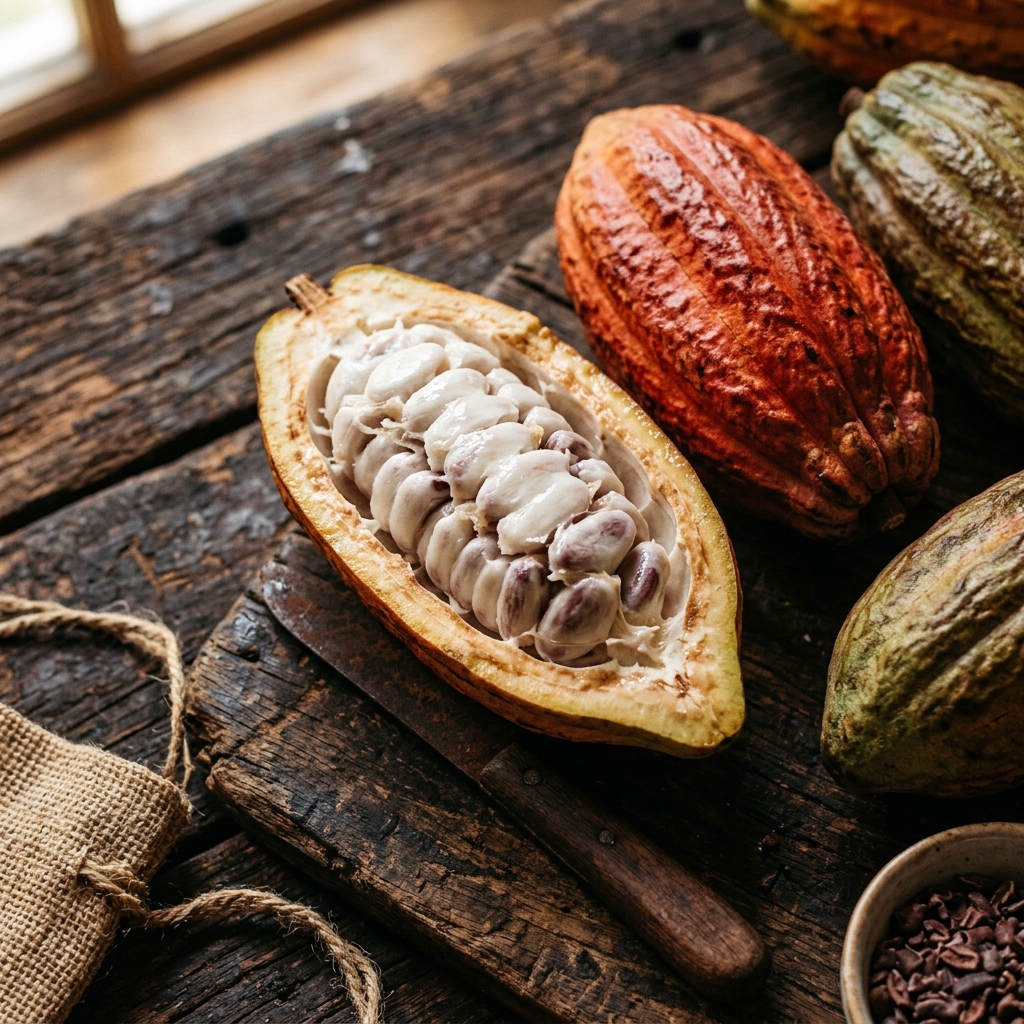 Organic raw cacao pods split open displaying pulp