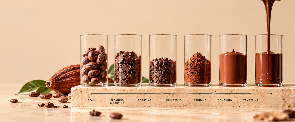 Bean-to-Bar Chocolate Making Process: Bean, Cleaning & Sorting, Roasting, Winnowing, Grinding, Conching, Tempering